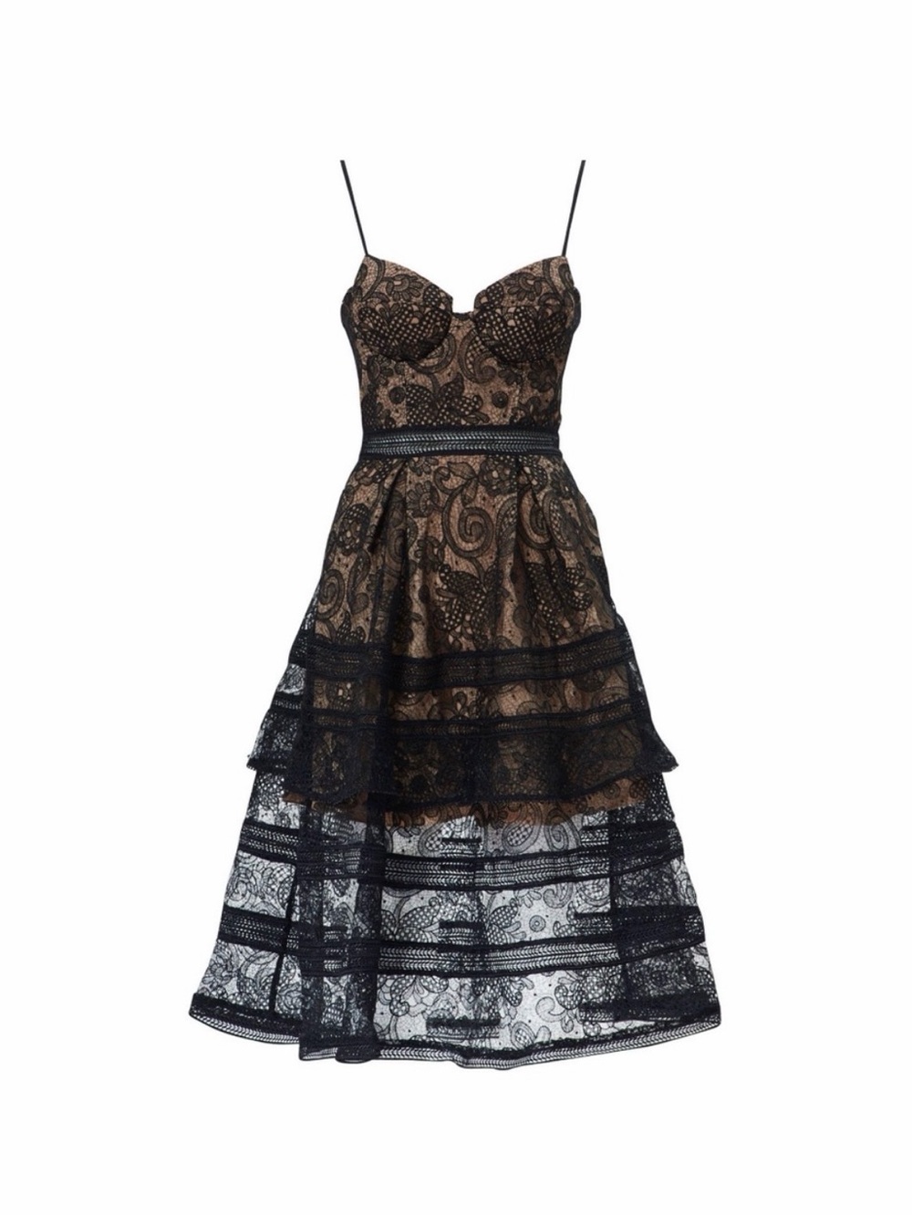 Self-Portrait Black Lace Tiered Midi with Nude Lining